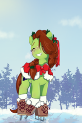 Size: 2131x3166 | Tagged: safe, artist:drafthoof, derpibooru import, oc, oc only, oc:oil drop, earth pony, pony, blushing, christmas, clothes, earth pony oc, eyes closed, female, holiday, ice, ice skating, mare, skates, smiling, socks, solo, winter