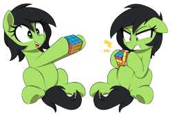 Size: 1500x1000 | Tagged: safe, artist:thebatfang, derpibooru import, oc, oc only, oc:anon filly, earth pony, pony, before and after, female, filly, foal, frustrated, gritted teeth, looking at something, open mouth, open smile, rubik's cube, simple background, smiling, teeth, transparent background