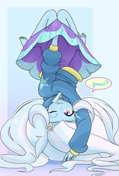 Size: 1307x1917 | Tagged: safe, artist:batipin, derpibooru import, trixie, human, equestria girls, barefoot, clothes, covering, feet, looking at you, lying down, missing shoes, on back, one eye closed, skinny, skirt, smiling, speech bubble, talking to viewer, upside down, upskirt denied, wink