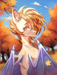 Size: 1800x2400 | Tagged: safe, artist:ryusya, derpibooru import, bat pony, autumn, depth of field, head turn, leaves, nature, outdoors, solo, wings