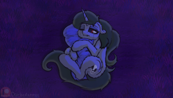 Size: 1280x720 | Tagged: safe, artist:darbedarmoc, derpibooru import, oc, oc:minerva, pony, unicorn, crying, fangs, grass, hug, lying down, night, on side, one eye closed, pillow, sad, solo