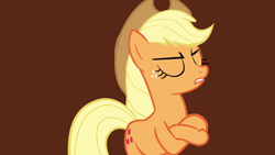 Size: 1280x720 | Tagged: safe, derpibooru import, screencap, applejack, earth pony, pony, magic duel, applejack is not amused, bipedal, brown background, crossed hooves, eyes closed, simple background, solo, unamused, unhapplejack