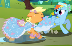 Size: 2048x1314 | Tagged: safe, derpibooru import, applejack, rainbow dash, earth pony, pegasus, pony, bow, clothes, dress, eyes closed, flower, flower in hair, froufrou glittery lacy outfit, laughing, pearl, running, tied hair, wet