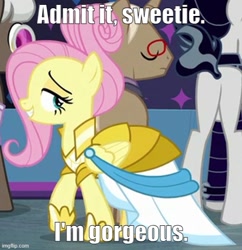 Size: 500x517 | Tagged: safe, derpibooru import, edit, edited screencap, screencap, fluttershy, snow hope, pegasus, pony, fake it 'til you make it, beautiful, bracer britches, butt, caption, clothes, dress, female, image macro, imgflip, impact font, mare, plot, solo focus, talking to viewer, text, warrior of inner strength, warriorshy