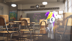 Size: 3840x2160 | Tagged: safe, artist:mrwithered, derpibooru import, oc, oc only, oc:sprinkles, pony, unicorn, 3d, chalkboard, clock, female, flag, map of equestria, mare, school, solo