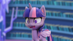 Size: 1920x1080 | Tagged: safe, derpibooru import, screencap, twilight sparkle, twilight sparkle (alicorn), alicorn, pony, g4.5, my little pony: stop motion short, potion party, cute, library, shocked, solo, twilight's castle, twilight's castle library