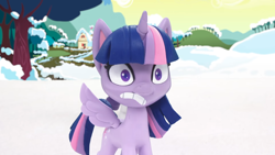 Size: 1920x1080 | Tagged: safe, derpibooru import, screencap, twilight sparkle, twilight sparkle (alicorn), alicorn, pony, g4.5, my little pony: stop motion short, snowball fight (short), cute, nervous, solo