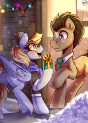 Size: 1500x2100 | Tagged: safe, artist:shadowreindeer, derpibooru import, derpy hooves, doctor whooves, earth pony, pegasus, pony, blushing, butt, christmas, clothes, dock, doctorderpy, eye clipping through hair, female, holiday, looking at each other, looking at someone, male, mare, plot, present, raised hoof, raised leg, scarf, shipping, smiling, smiling at each other, snow, stallion, straight, tail