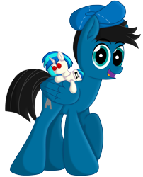 Size: 5328x6600 | Tagged: safe, artist:agkandphotomaker2000, derpibooru import, dj pon-3, vinyl scratch, oc, oc:pony video maker, pegasus, pony, 2024 community collab, derpibooru community collaboration, director's hat, eyebrows, eyebrows visible through hair, folded wings, looking at you, open mouth, plushie, simple background, solo, transparent background, wings