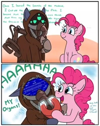 Size: 640x806 | Tagged: safe, artist:jargon scott, derpibooru import, pinkie pie, oc, oc:gear works, cyborg, pony, fanfic:iron hearts, amputee, augmented, blah blah blah, blue screen of death, comic, crossover, cyborg pony, dialogue, duo, duo male and female, female, magnet, male, mask, pain, prosthetic limb, prosthetics, robotic arm, servo arm, techpriest, this will end in tears, warhammer (game), warhammer 40k