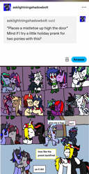 Size: 1170x2279 | Tagged: safe, artist:ask-luciavampire, derpibooru import, oc, alicorn, earth pony, pegasus, pony, undead, unicorn, vampire, vampony, ask, hug, kissing, mistletoe, tumblr