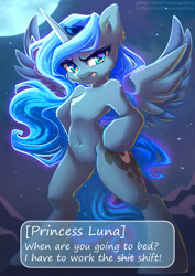 Size: 1000x1414 | Tagged: safe, artist:chaosangeldesu, derpibooru import, princess luna, alicorn, pony, bipedal, female, mare, moon, solo, text, vulgar