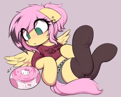 Size: 1826x1462 | Tagged: safe, artist:moozua, derpibooru import, fluttershy, pegasus, pony, g4, alternate hairstyle, clothes, ear piercing, earring, ears, emo, eye clipping through hair, female, floppy ears, hello kitty, jewelry, mare, midriff, miniskirt, music notes, my chemical romance, piercing, scene hair, scene kid, shirt, short mane, skirt, socks, solo, spread wings, stereo, thigh highs, underwear, wings