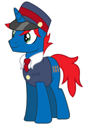 Size: 973x1430 | Tagged: safe, artist:shieldwingarmorofgod, derpibooru import, oc, oc only, oc:train track, pony, unicorn, conductor, hat, male, simple background, solo, transparent background