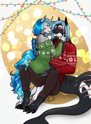 Size: 2897x3915 | Tagged: safe, artist:blackblood-queen, oc, oc:bubble lee, oc:mako, anthro, digitigrade anthro, orca, orca pony, original species, unguligrade anthro, unicorn, whale, anthro oc, blushing, choker, christmas, christmas 2023, christmas lights, christmas sweater, clothes, couple, curved horn, female, freckles, happy, hearth's warming, hearth's warming eve, holiday, horn, husband and wife, looking at each other, looking at someone, makolee, male, mare, married, married couple, oc x oc, off shoulder, off shoulder sweater, pants, scar, shipping, smiling, stallion, straight, sweater, unicorn oc, wholesome