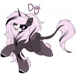 Size: 1818x1818 | Tagged: safe, artist:skyboundsiren, derpibooru exclusive, derpibooru import, oc, oc only, oc:digit morose, unicorn, :p, blank flank, colored, eyebrow piercing, eyeshadow, flat colors, fluffy, full body, goth, lip piercing, makeup, pastel goth, piercing, simple background, smiling, snake bites, solo, spiked headband, tongue, tongue out, white background