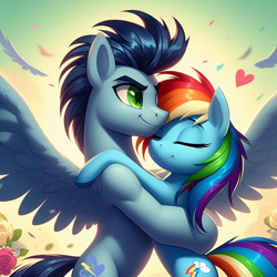 Size: 1024x1024 | Tagged: safe, ai content, derpibooru import, generator:bing image creator, machine learning generated, rainbow dash, soarin', g4, female, happy, hug, male, prompter:*rainbow dash*, shipping, soarindash, spread wings, straight, wings