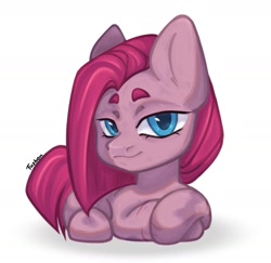 Size: 1417x1375 | Tagged: safe, artist:fazbonz, derpibooru import, pinkie pie, earth pony, pony, g4, chibi, female, lying down, mare, pinkamena diane pie, prone, signature, simple background, smiling, solo, white background