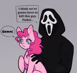 Size: 1545x1448 | Tagged: safe, artist:natevampwolf, derpibooru import, pinkie pie, earth pony, pony, g4, crossover, ghostface, gray background, i think we're gonna have to kill this guy, meme, scream (movie), simple background