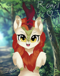 Size: 666x839 | Tagged: safe, artist:latia122, derpibooru import, autumn blaze, kirin, g4, awwtumn blaze, bipedal, bust, cute, female, forest, heart, looking at you, mare, nature, open mouth, open smile, portrait, rearing, roar, smiling, solo, tree