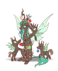 Size: 1000x1217 | Tagged: safe, artist:28gooddays, derpibooru import, queen chrysalis, changeling, changeling queen, g4, bipedal, bipedal leaning, christmas, christmas changeling, christmas lights, christmas ornament, cute, cuteling, decoration, eyes closed, holiday, leaning, mommy chrissy, mouth hold, simple background, smiling, spread wings, white background, wings