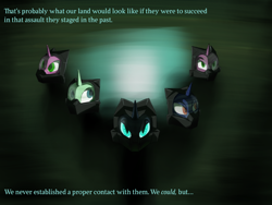 Size: 800x600 | Tagged: safe, artist:sevireth, derpibooru import, oc, oc:nyx, alicorn, pony, unicorn, alicorn oc, alternate timeline, alternate universe, chrysalis resistance timeline, dialogue, female, group, hazmat suit, horn, looking at you, looking up, male and female, mare, quintet, text, tumblr, tumblr:nyx contacts, unicorn oc, wings