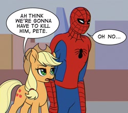 Size: 1813x1600 | Tagged: safe, artist:redahfuhrerking, derpibooru import, applejack, earth pony, human, pony, g4, 60s spider-man, dialogue, duo, female, human male, i think we're gonna have to kill this guy, male, mare, marvel, meme, ponified, ponified meme, speech bubble, spider-man