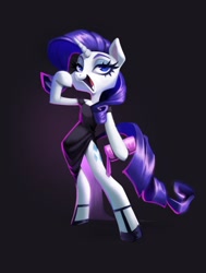 Size: 1992x2632 | Tagged: safe, artist:polochka_art, derpibooru import, rarity, semi-anthro, unicorn, g4, arm hooves, black dress, clothes, dress, female, hoof hold, hoof shoes, lidded eyes, mare, open mouth, open smile, purse, shading, smiling, solo