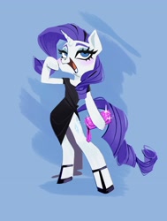 Size: 1992x2632 | Tagged: safe, alternate version, artist:polochka_art, derpibooru import, rarity, semi-anthro, unicorn, g4, arm hooves, black dress, blue background, clothes, dress, female, hoof hold, hoof shoes, lidded eyes, mare, open mouth, open smile, purse, simple background, smiling, solo