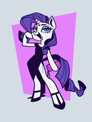 Size: 1992x2632 | Tagged: safe, alternate version, artist:polochka_art, derpibooru import, rarity, semi-anthro, unicorn, g4, arm hooves, black dress, clothes, colored, dress, female, flat colors, hoof hold, hoof shoes, lidded eyes, mare, open mouth, open smile, purse, simple background, smiling, solo, white background