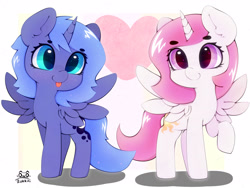 Size: 4000x3000 | Tagged: safe, artist:zokkili, derpibooru import, princess celestia, princess luna, alicorn, pony, g4, beanbrows, cewestia, cute, cutelestia, duo, duo female, eyebrows, eyebrows visible through hair, female, filly, foal, high res, horn, lunabetes, pink-mane celestia, raised hoof, raised leg, royal sisters, siblings, signature, sisters, smiling, spread wings, tongue, tongue out, wings, woona, younger