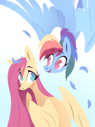 Size: 1500x2010 | Tagged: safe, artist:28gooddays, derpibooru import, fluttershy, rainbow dash, pegasus, pony, g4, duo, feather, female, flying, gradient background, looking at each other, looking at someone, mare, no pupils, open mouth, open smile, partially open wings, raised hoof, raised leg, smiling, spread wings, wings