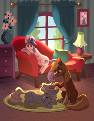 Size: 2000x2575 | Tagged: safe, artist:28gooddays, derpibooru import, screw loose, sea swirl, seafoam, sergeant reckless, earth pony, pony, unicorn, commission, curtains, desk lamp, fanfic, fanfic art, fanfic cover, petting, pillow, ponified, sofa, species swap, vase, window