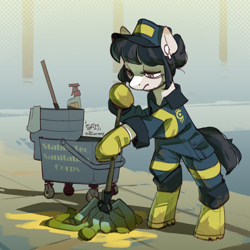 Size: 2400x2400 | Tagged: safe, artist:egil, derpibooru import, oc, oc:momma mop, earth pony, pony, fallout equestria, airpods, cleaning, clothes, female, janitor, mare, mop, solo, stable-tec, uniform