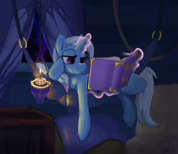 Size: 5000x4333 | Tagged: safe, artist:neoncel, derpibooru import, trixie, pony, unicorn, g4, book, candle, female, glowing, glowing horn, horn, lying down, magic, magic aura, mare, night, on side, pillow, reading, solo, telekinesis, trixie's wagon, wagon