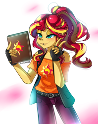 Size: 2377x2996 | Tagged: safe, artist:yuris, derpibooru import, sunset shimmer, human, equestria girls, g4, alternate hairstyle, belt, belt buckle, blouse, blushing, clothes, diary, gloves, jacket, lip piercing, lip ring, nose piercing, pants, peace sign, piercing, ponytail, simple background, smiling, solo, white background