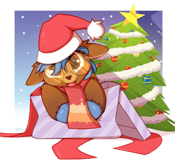 Size: 1360x1249 | Tagged: safe, artist:omi, derpibooru import, oc, oc only, oc:navi, deer, deer pony, hybrid, original species, christmas, christmas tree, cute, deer in a box, glasses, hat, holiday, present, santa hat, solo, tree