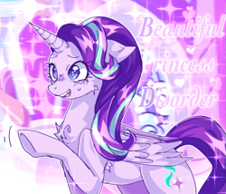 Size: 1291x1105 | Tagged: safe, alternate version, artist:puroperopony, derpibooru import, starlight glimmer, alicorn, pony, g4, alicornified, chest fluff, concave belly, folded wings, race swap, solo, speech bubble, starlicorn, text, underhoof, wings, xk-class end-of-the-world scenario