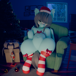Size: 3840x3840 | Tagged: safe, artist:lfø, derpibooru import, oc, oc only, oc:flower popen, bat pony, semi-anthro, 3d, 3d model, belly, belly button, big ears, christmas, christmas tree, clothes, ears, featureless crotch, female, full body, hat, holiday, human shoulders, mare, present, ribbon, round belly, santa hat, sitting, socks, solo, stockings, striped socks, thigh highs, thighs, thunder thighs, tree