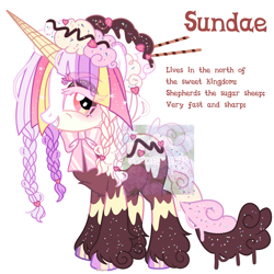 Size: 2500x2500 | Tagged: safe, artist:shineyaris, derpibooru import, oc, oc only, pony, unicorn, braid, chocolate sauce, female, food, hoof polish, ice cream, ribbon, simple background, smiling, solo, sprinkles, strawberry, unshorn fetlocks, white background