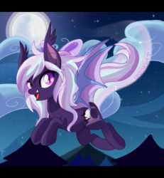 Size: 2500x2700 | Tagged: safe, artist:spookyle, derpibooru import, oc, oc:hollow mist, bat pony, pony, female, flying, mare, moon, night, solo