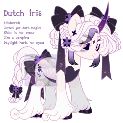 Size: 2500x2500 | Tagged: safe, artist:shineyaris, derpibooru import, oc, oc only, original species, pony, unicorn, braid, dark magic, dutch iris, female, flower, flower in hair, magic, ribbon, simple background, solo, umbra pony, unshorn fetlocks, white background