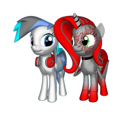 Size: 526x474 | Tagged: safe, artist:snowy starshine, derpibooru import, oc, oc only, oc:red virus, oc:snowy starshine, alicorn, pegasus, 3d, headphones, jewelry, looking at each other, looking at someone, mech pony, necklace, simple background, transparent background