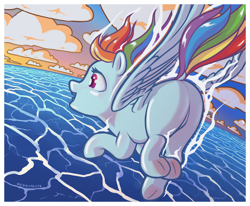 Size: 780x642 | Tagged: safe, artist:stratodraw, derpibooru import, rainbow dash, pegasus, pony, female, flowing mane, flowing tail, flying, mare, missing cutie mark, ocean, open mouth, open smile, smiling, solo, spread wings, tail, underhoof, water, wings