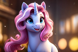 Size: 768x512 | Tagged: safe, ai content, derpibooru import, machine learning assisted, machine learning generated, oc, oc only, oc:candy, pony, unicorn, female, happy, mare, open mouth, open smile, prompter:emptyplotfiller, smiling, solo