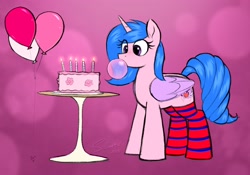 Size: 3756x2622 | Tagged: safe, artist:selenophile, derpibooru import, oc, oc only, alicorn, pony, abstract background, alicorn oc, balloon, birthday, birthday cake, bubblegum, cake, candle, clothes, explicit source, eye clipping through hair, female, food, gum, horn, mare, socks, solo, striped socks, table, wings