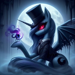 Size: 1024x1024 | Tagged: safe, ai content, derpibooru import, generator:dall-e 3, machine learning generated, princess luna, alicorn, pony, undead, vampire, vampony, g4, alive fire, bat wings, clothes, creature, dark magic, dark skin, ears up, fog, hat, horn, light, looking at you, magic, magical fire, magician, magician hat, magician outfit, moon, night, one eye, prompter:rektpay, purple fire, serious, serious face, sitting, spread wings, suit, wings