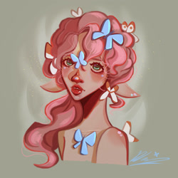 Size: 3000x3000 | Tagged: safe, artist:8lep8a, derpibooru import, fluttershy, butterfly, human, bare shoulder portrait, bare shoulders, bust, elf ears, female, humanized, lips, looking at you, portrait, shoulder blush, solo