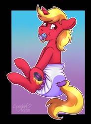 Size: 943x1280 | Tagged: safe, artist:laydeekaze, derpibooru import, oc, oc only, oc:audio stutter, pony, diaper, diaper fetish, diapered, fetish, male, non-baby in diaper, pacifier, purple background, purple diaper, simple background, solo, stallion