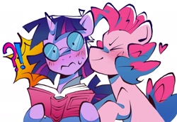Size: 2047x1407 | Tagged: safe, artist:matterproblem, derpibooru import, pinkie pie, twilight sparkle, unicorn twilight, earth pony, pony, unicorn, blushing, book, duo, exclamation point, female, glasses, heart, interrobang, kiss on the cheek, kissing, lesbian, question mark, shipping, simple background, twinkie, white background